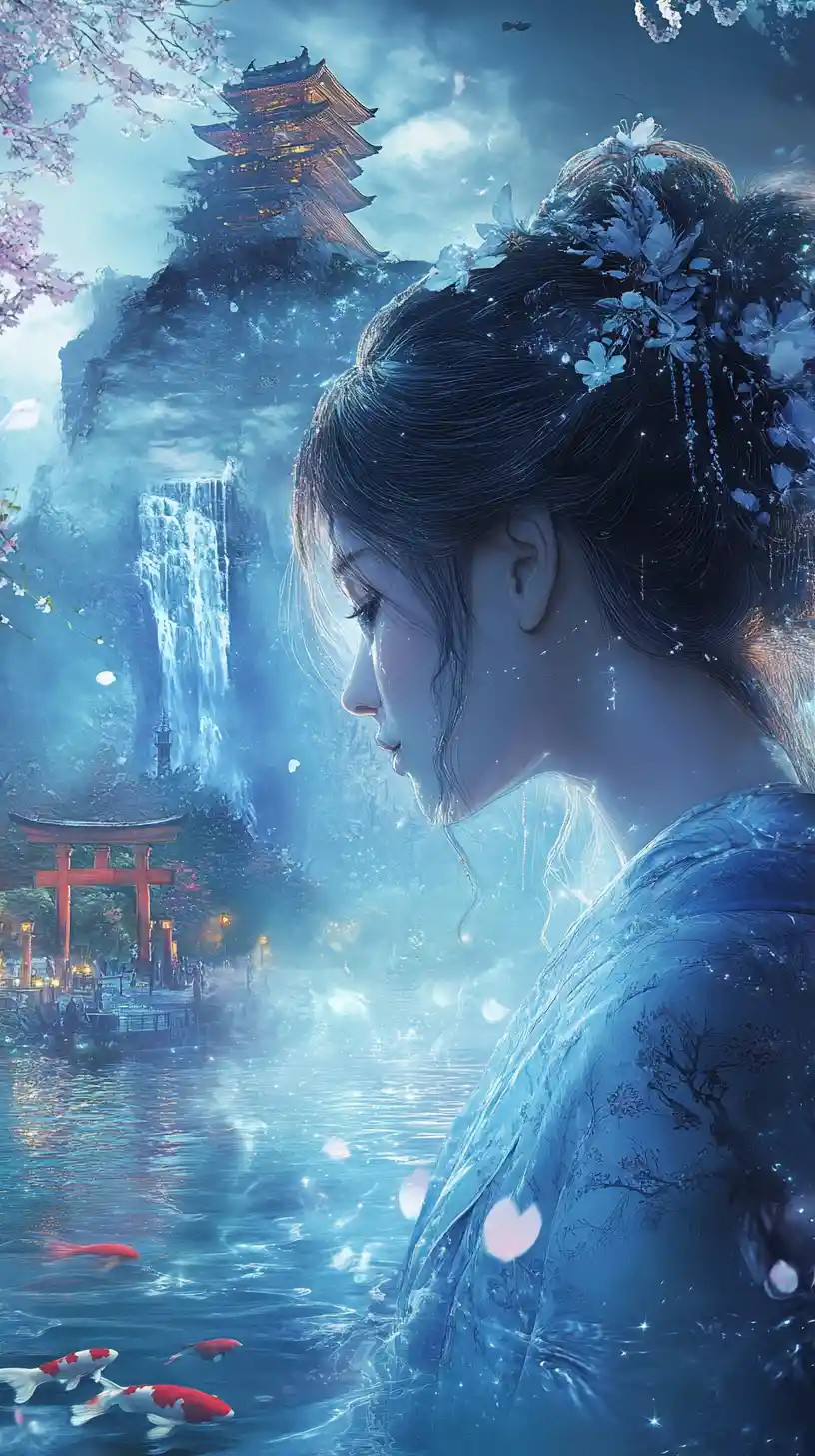 Woman In Blue Kimono Facing A Mystical Night Landscape