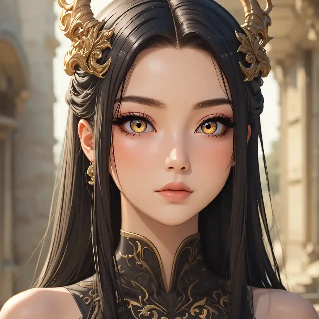 Anime dragon girl with golden eyes and black hair