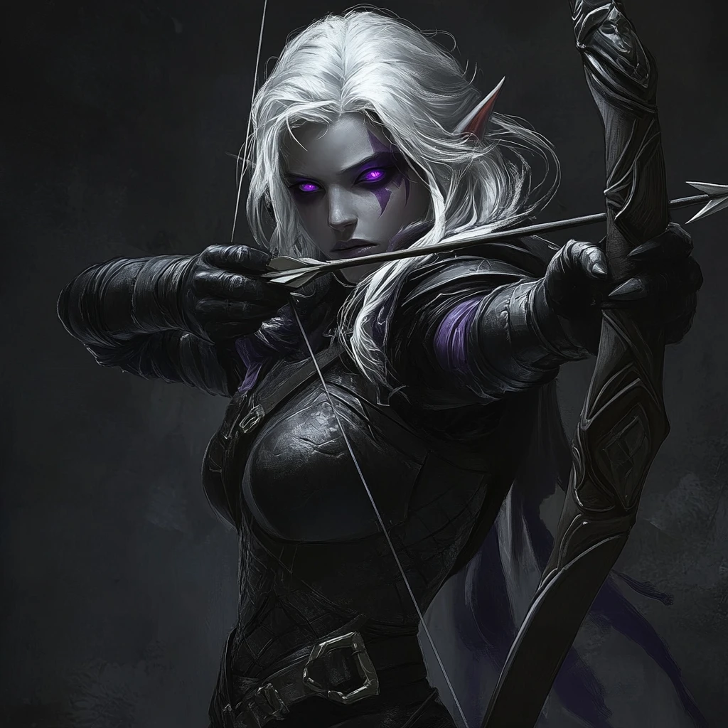 Dark fantasy drow archer with magic bow and violet eyes