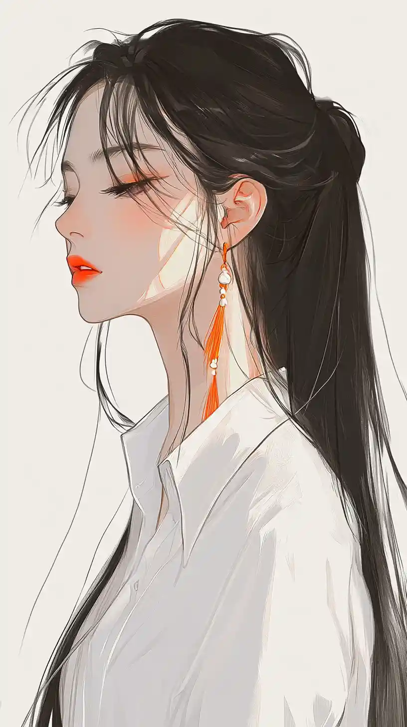 Serene girl portrait with orange earring on white background