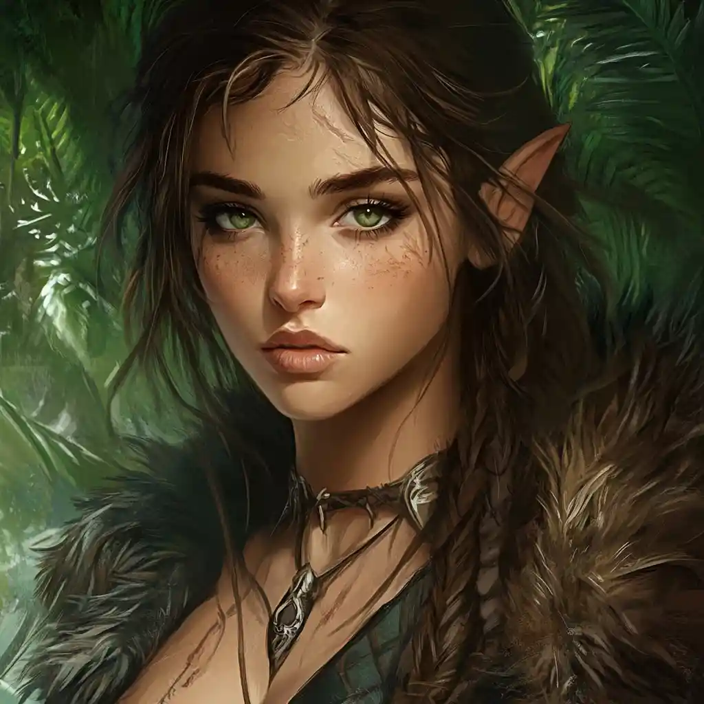 Dark fantasy druid woman with green eyes and furs