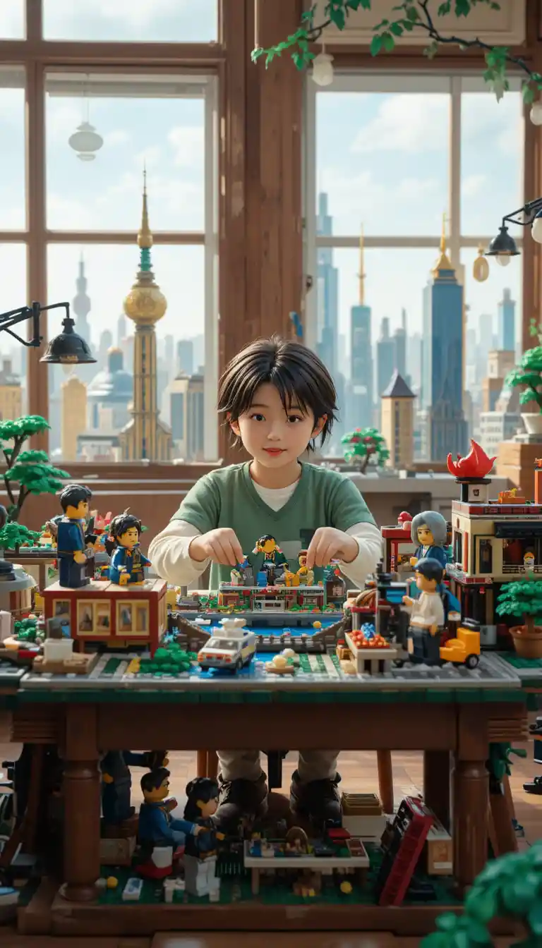 Woman building a LEGO style Shanghai diorama at craft table
