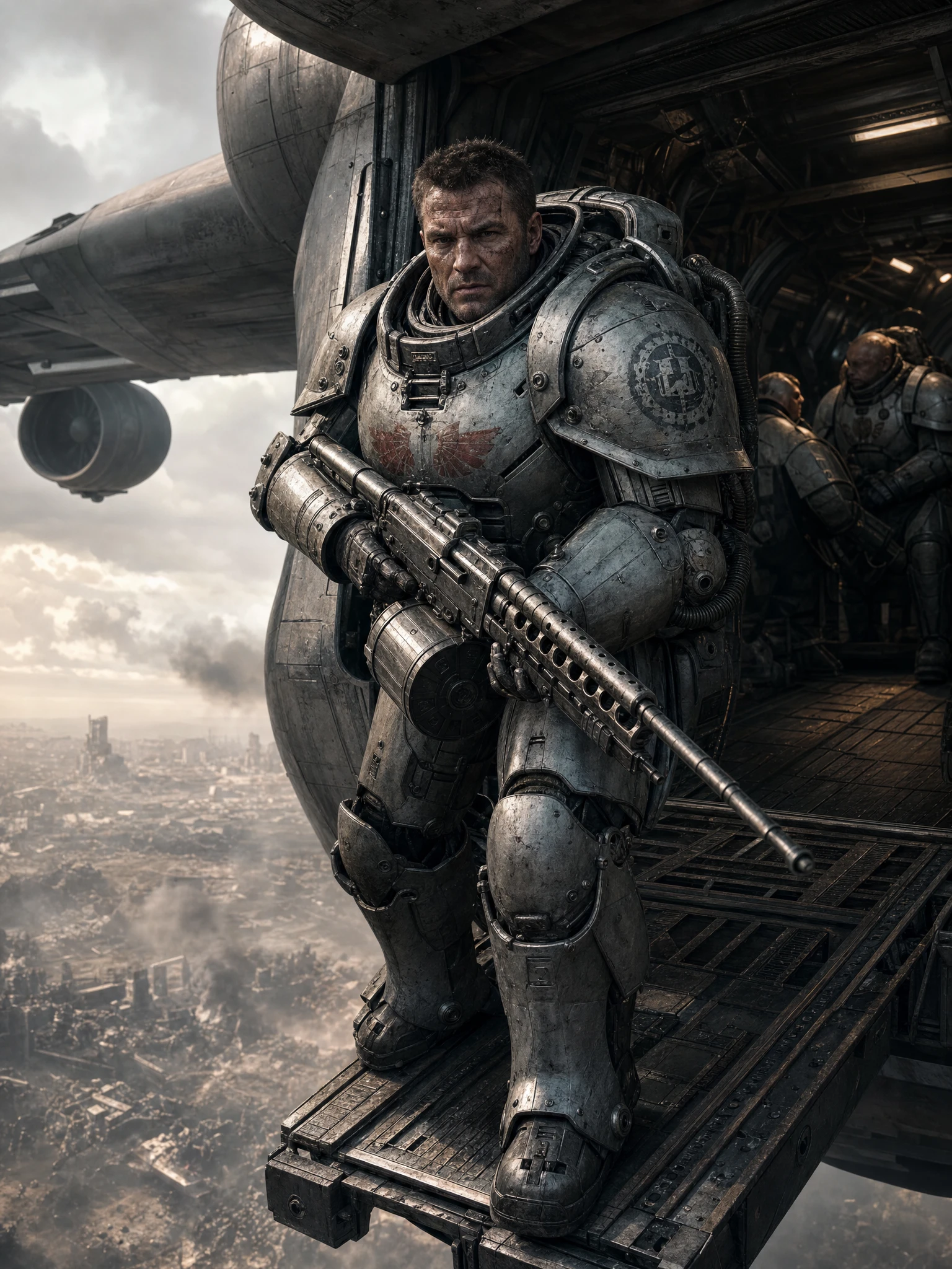 Armored soldier with machine gun in apocalyptic transport ramp