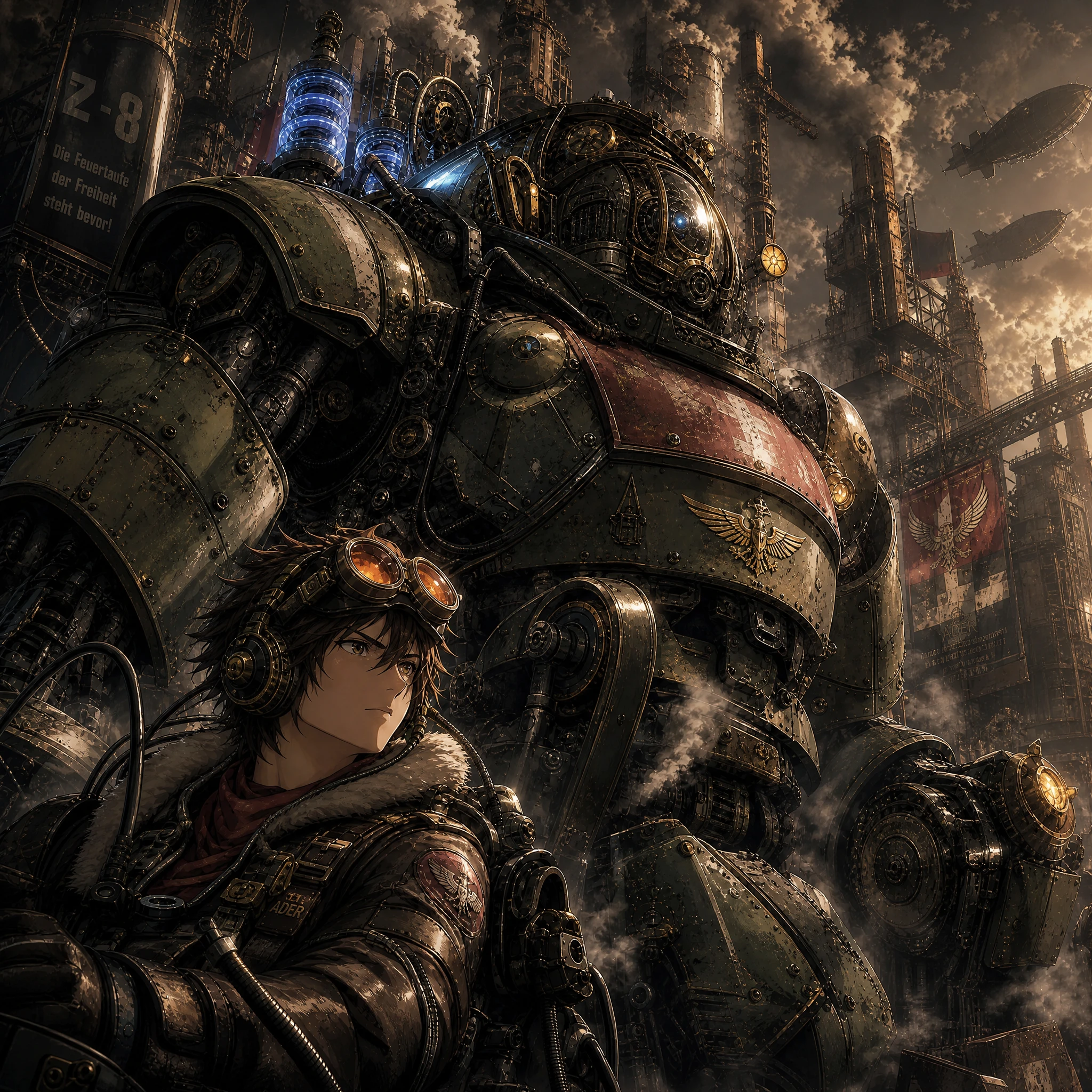 Gritty steampunk mecha towering over a ruined industrial city