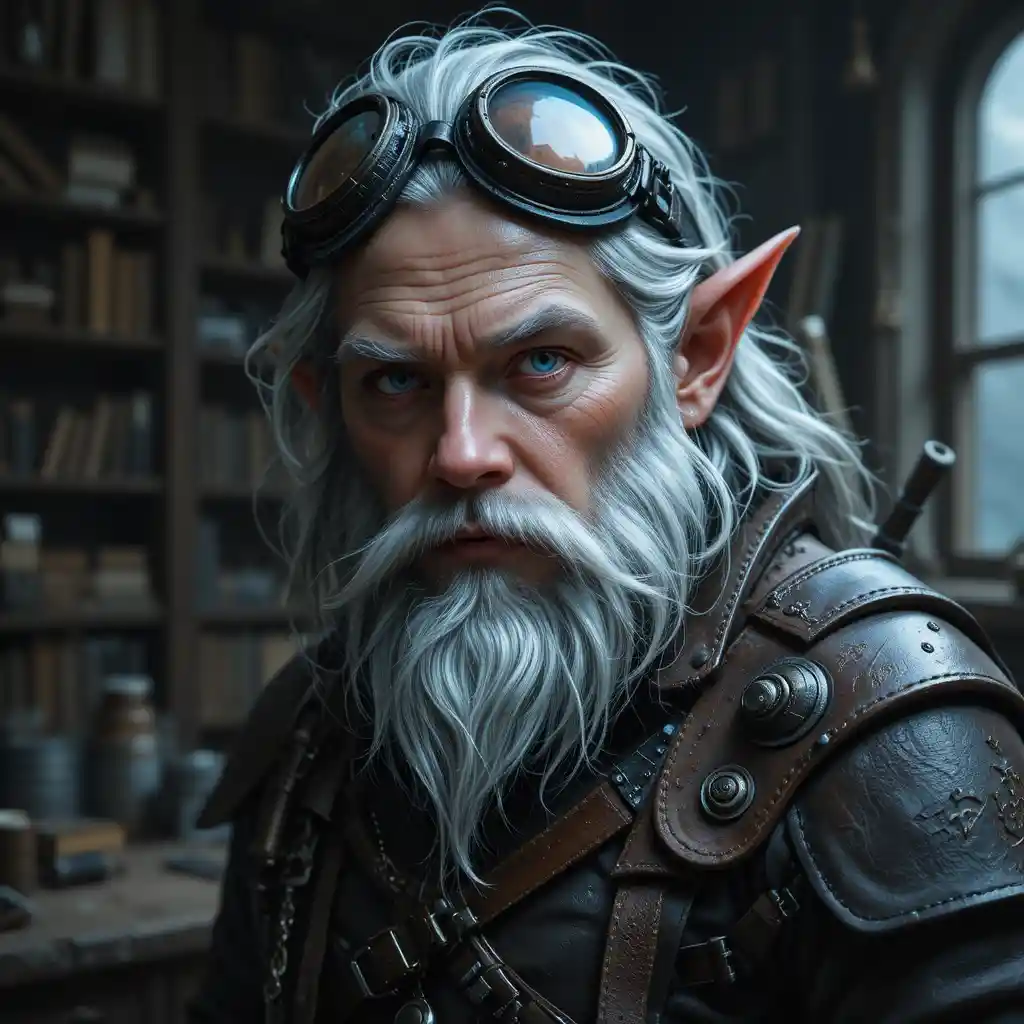 Silver haired gnome artificer with goggles and leather gear