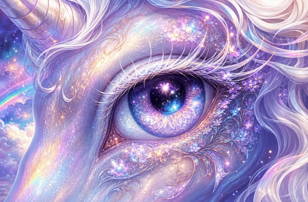 Ethereal unicorn eye glowing with swirling cosmic nebula