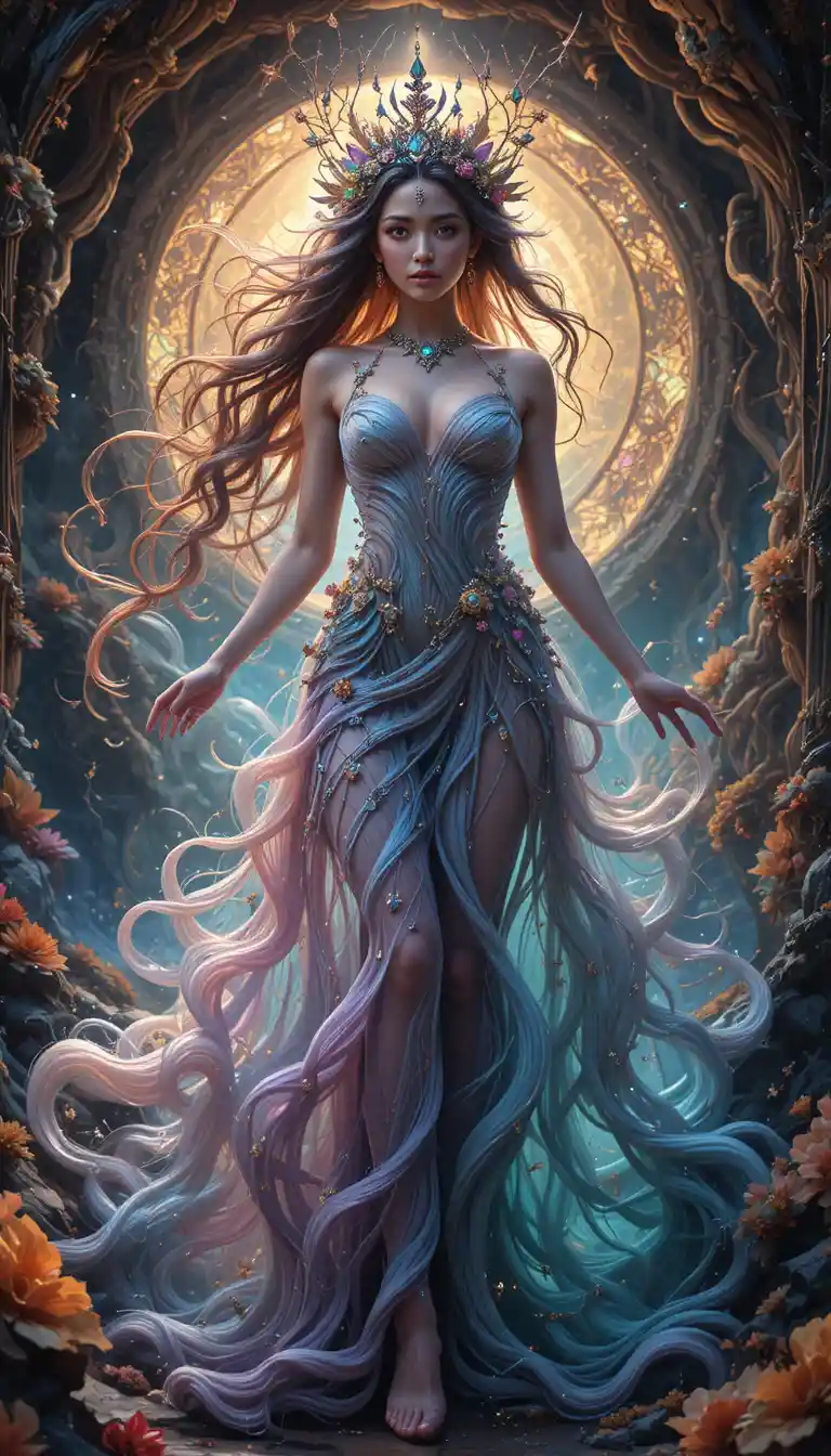Mystical enchantress stepping into a vibrant fantasy realm