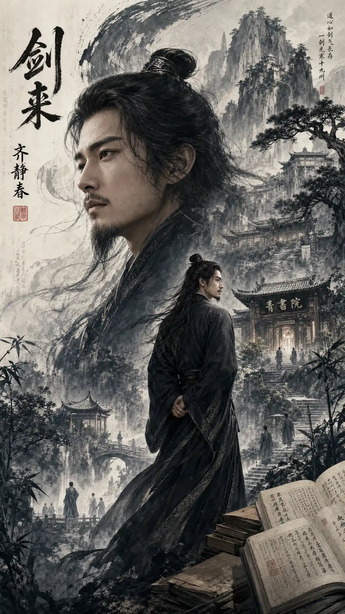 Pensive Chinese scholar in flowing black robe and misty peaks