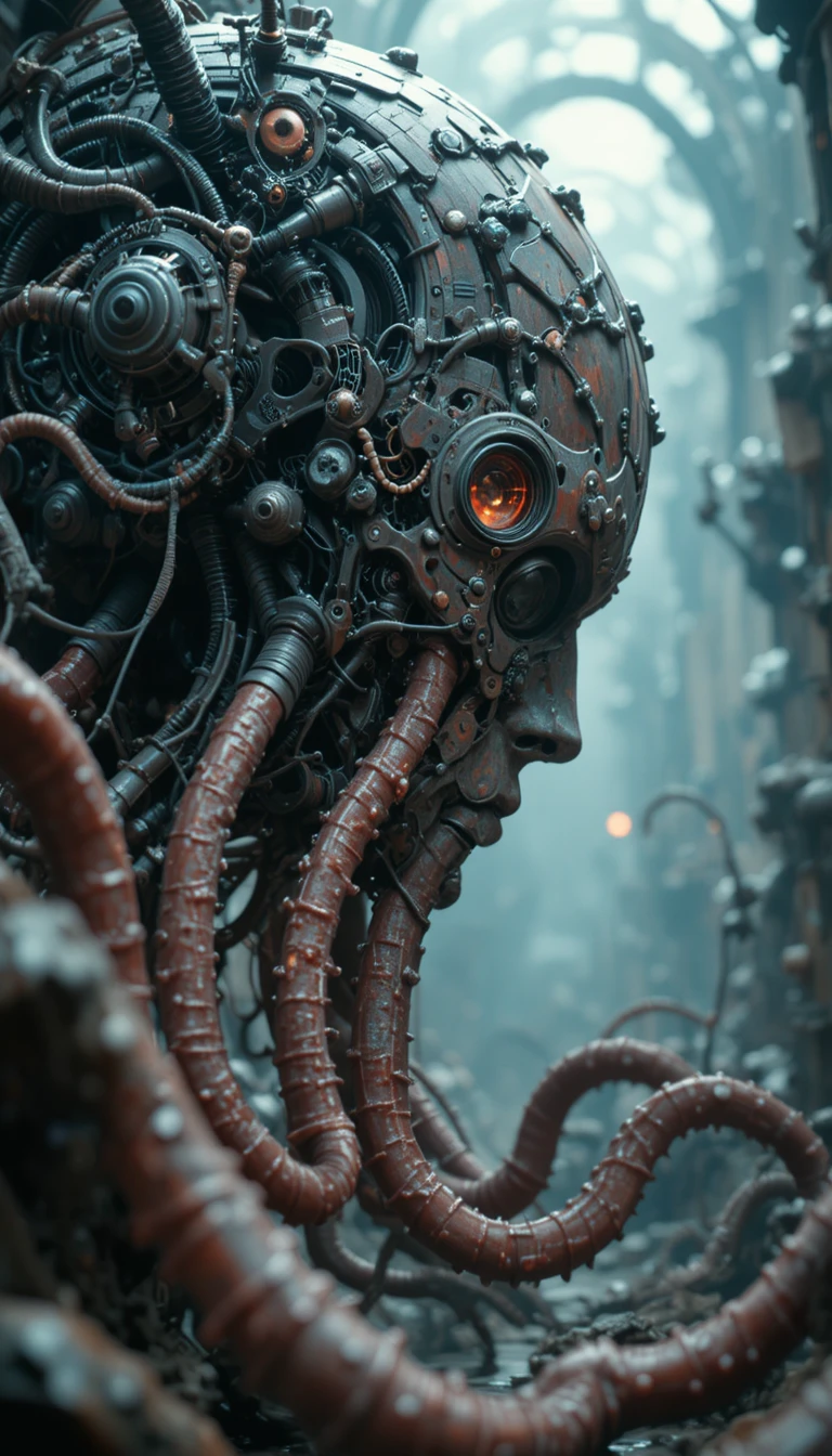 Gothic mechanical mecha with tangled tentacle machinery
