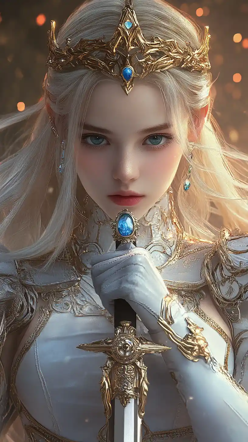 Ice blue eyed warrior woman with ornate golden armor