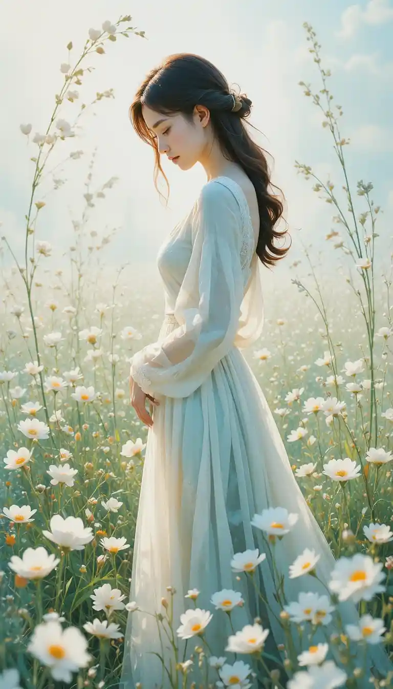 Watercolor girl in profile amid luminous white flower field