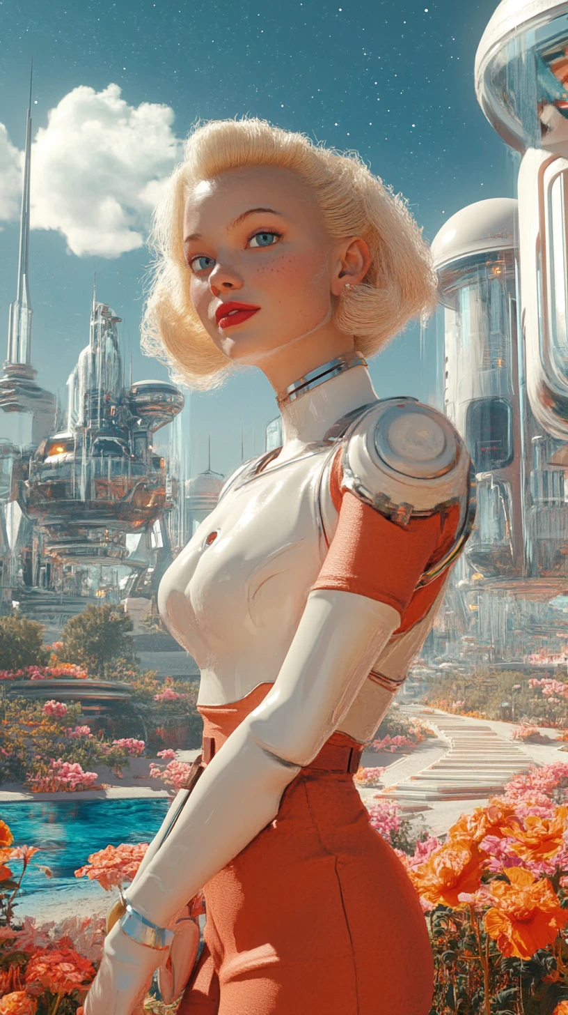 Fröhliche retro-futuristische Cyborg-Frau mit kleinem Robotergefährten