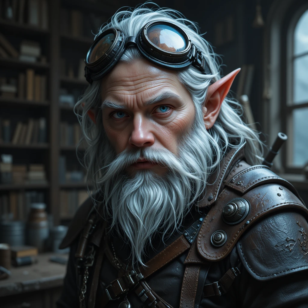 Silver haired gnome artificer with goggles and leather gear