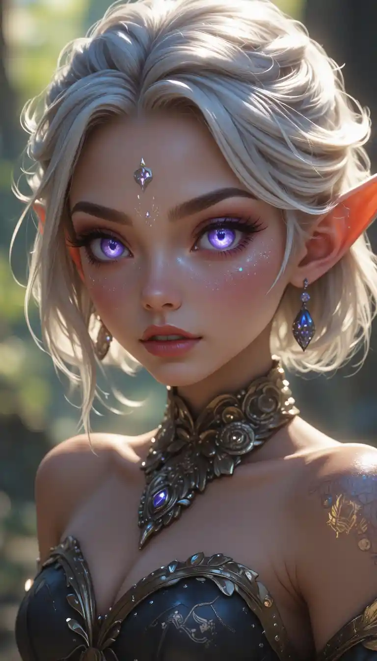 Young fantasy gnome girl with glowing violet eyes