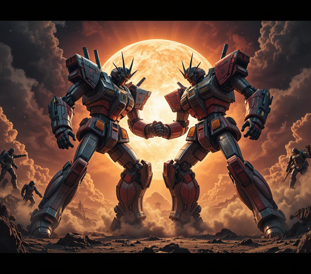 Colossal battle between two damaged robots over ruined Earth