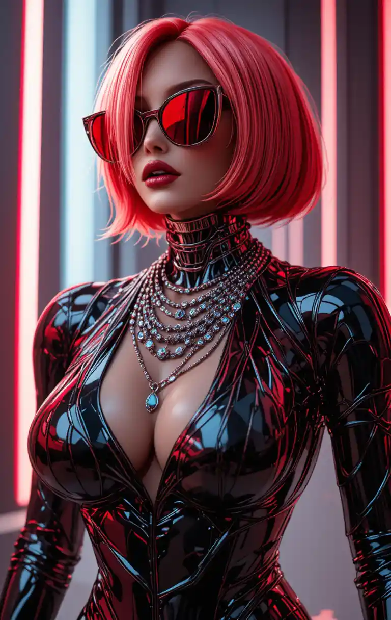 Futuristic woman with red hair and bold metallic accessories
