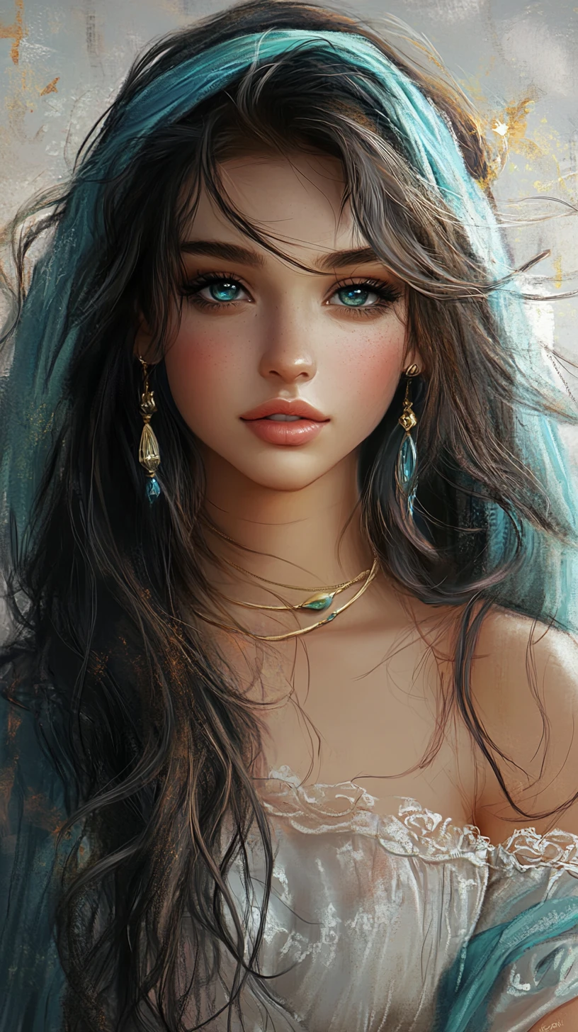 Serene fantasy girl with flowing teal highlighted hair