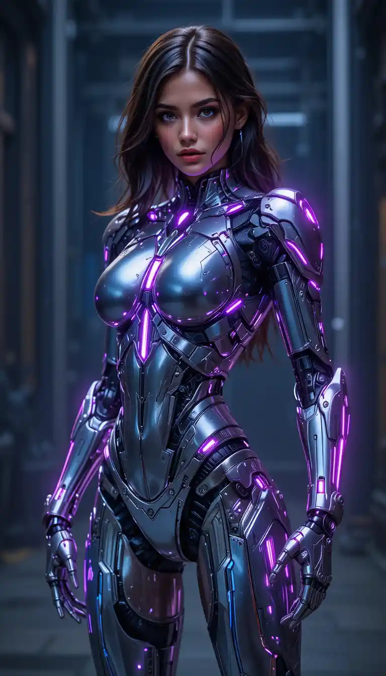 Brunette cyborg woman in dynamic sci fi action pose