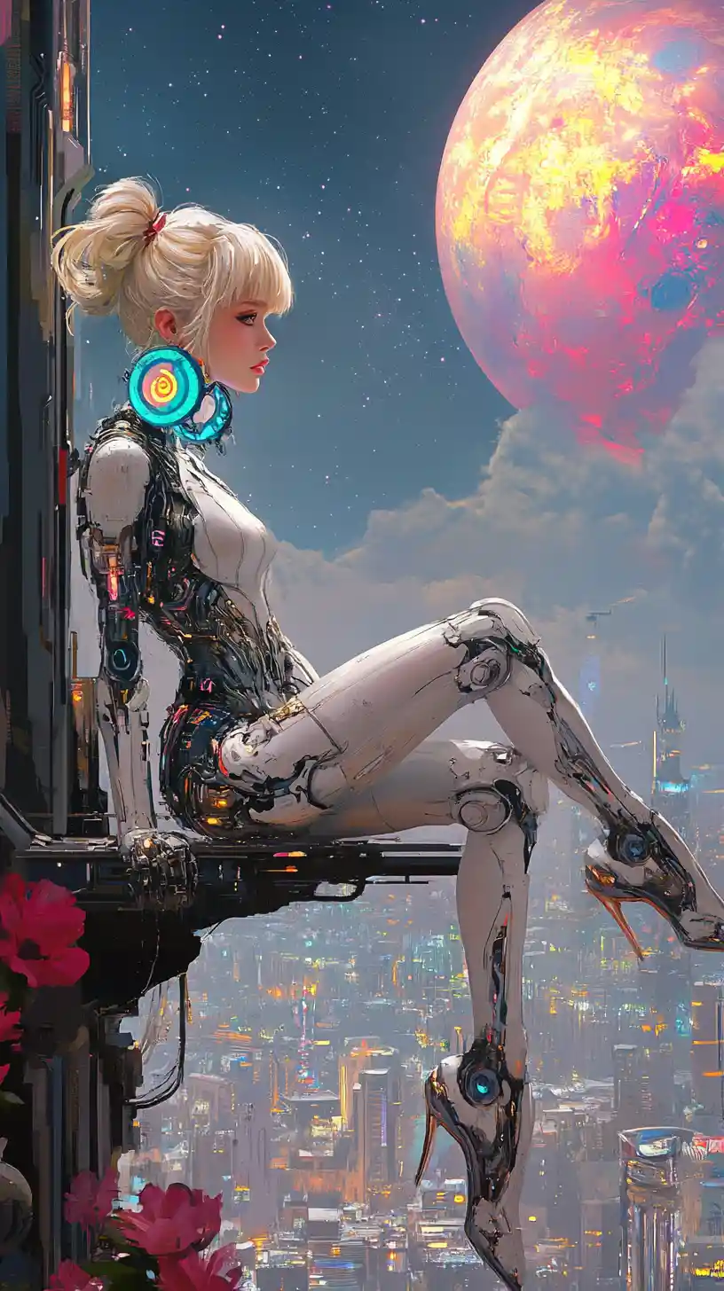 Elegant female cyborg in heels above a cosmic cityscape