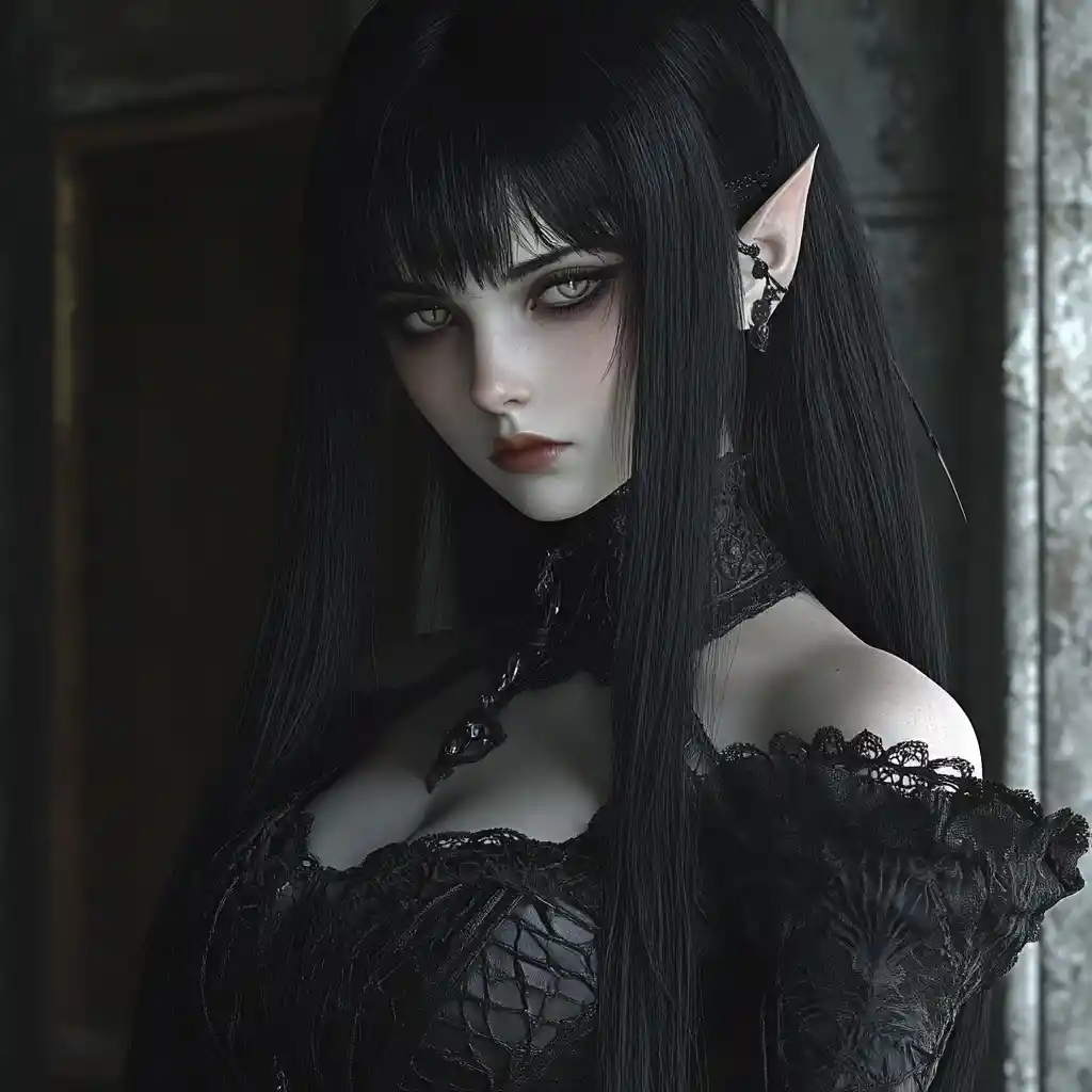 Dark elf bard in gothic leather and lace attire