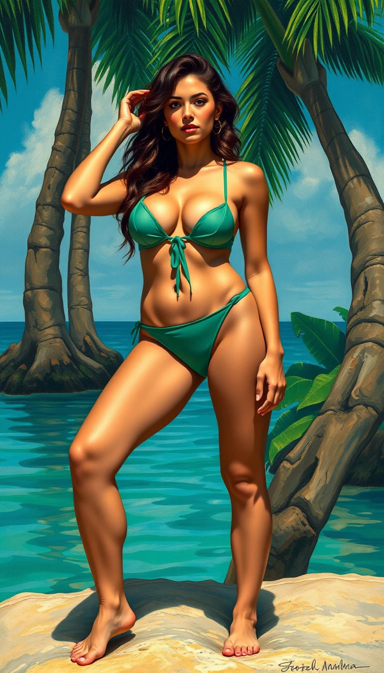 Young brunette woman in green micro bikini in tropical scene