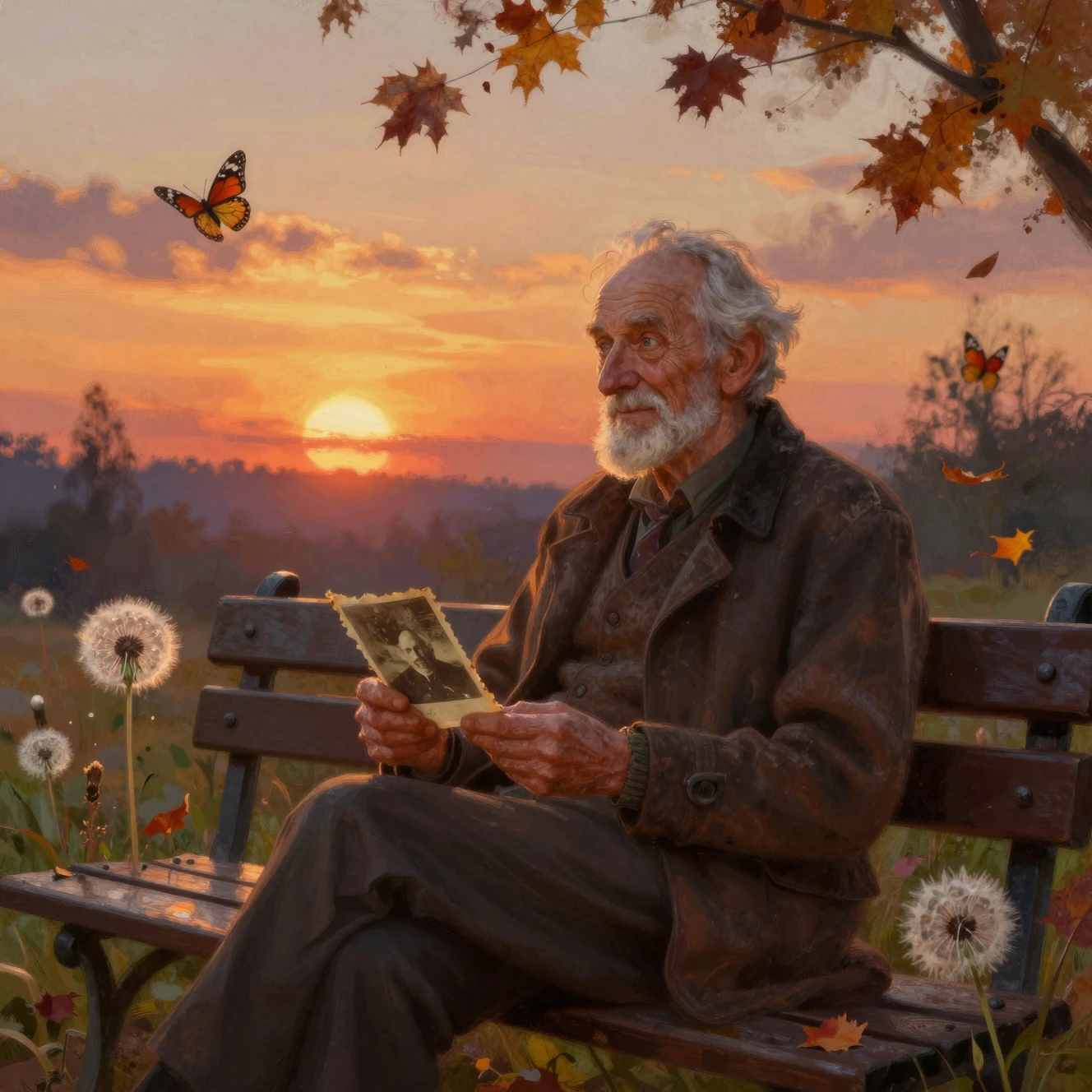Elderly man on park bench at warm nostalgic sunset