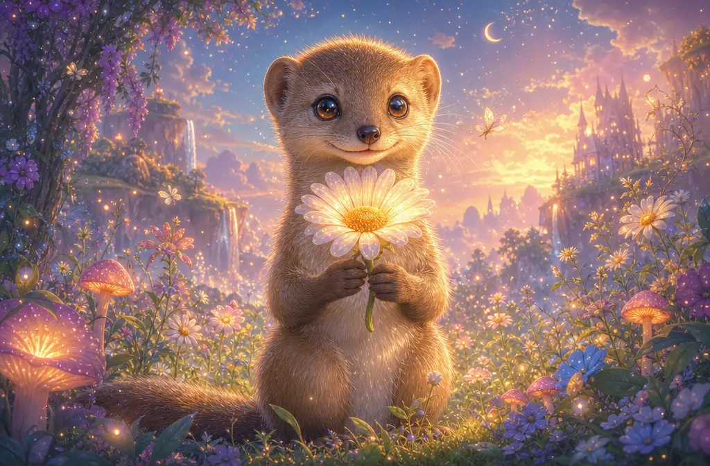 Cute mongoose with glowing daisy in enchanted meadow