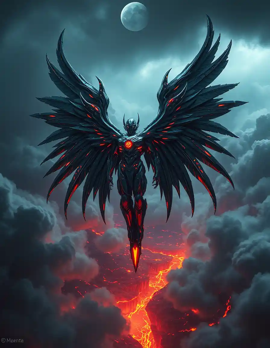 Biomechanical angel descending through fiery volcanic storm clouds