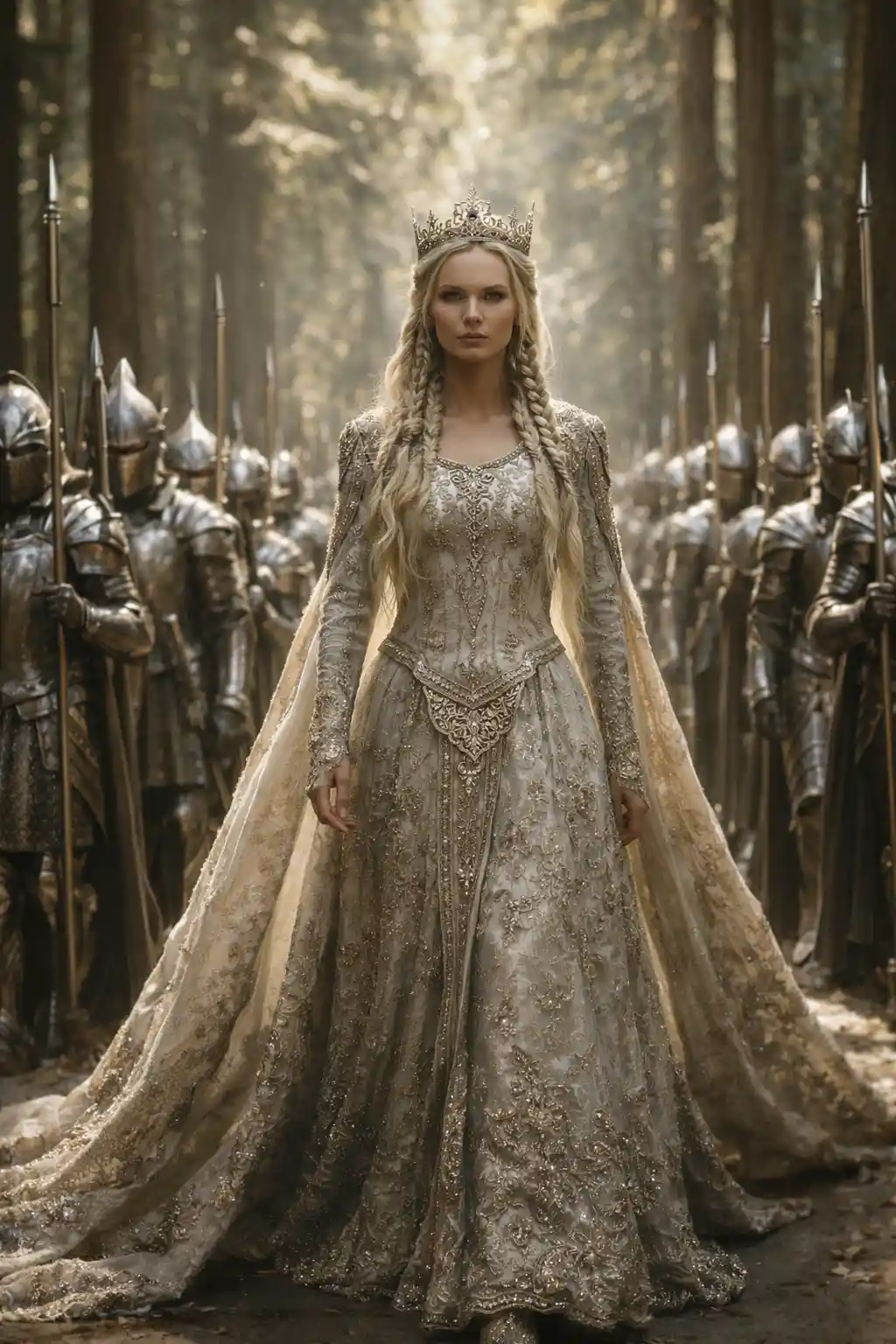 Elven queen leading armored warriors through ancient forest