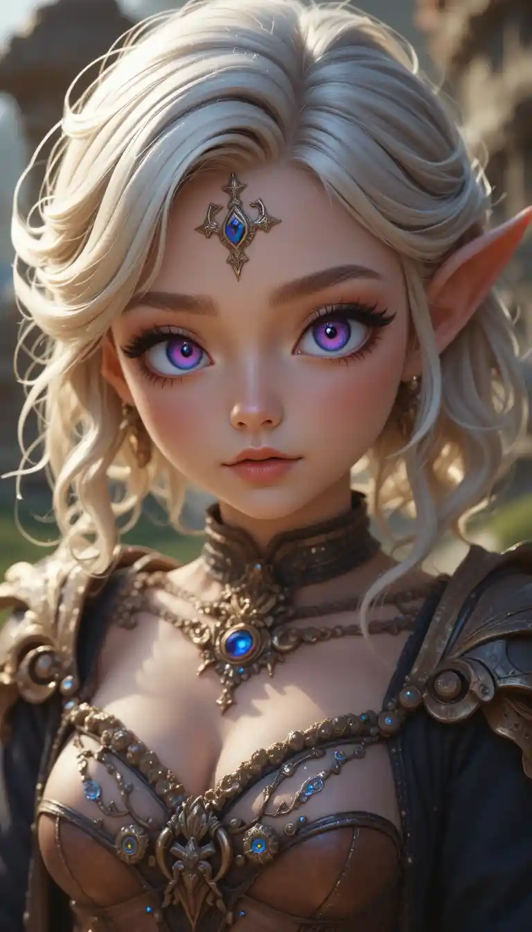Young fantasy gnome girl with glowing violet eyes