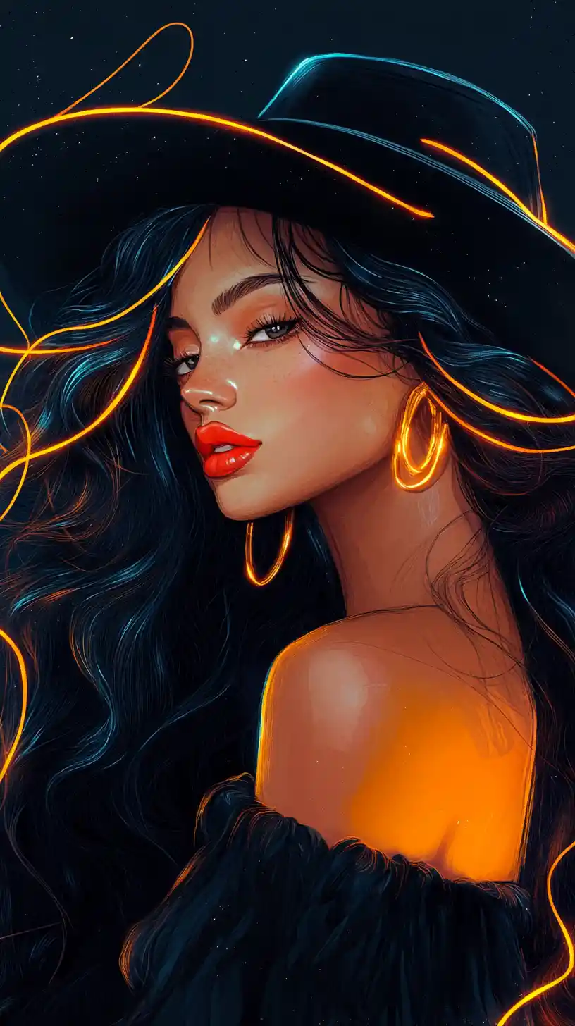 Glamorous woman in neon hat with mysterious red smile