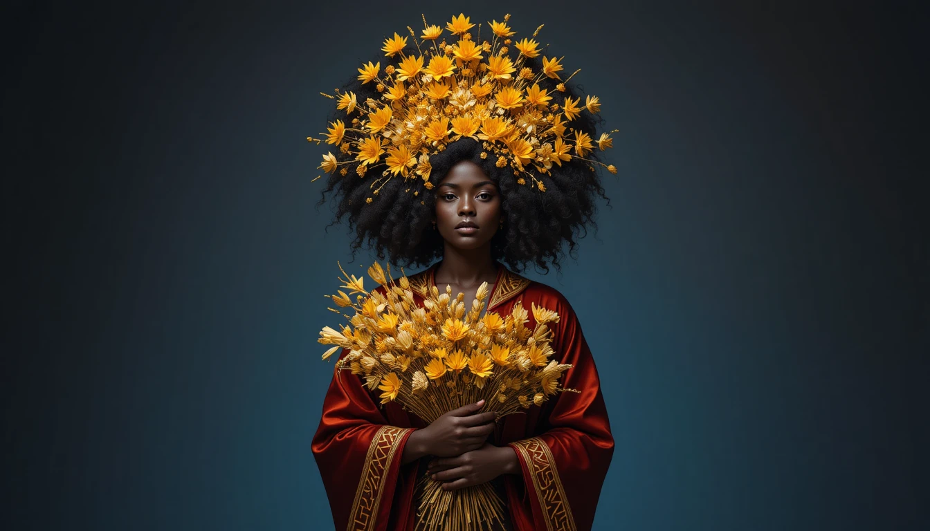 Woman in red robe crowned with golden flowers