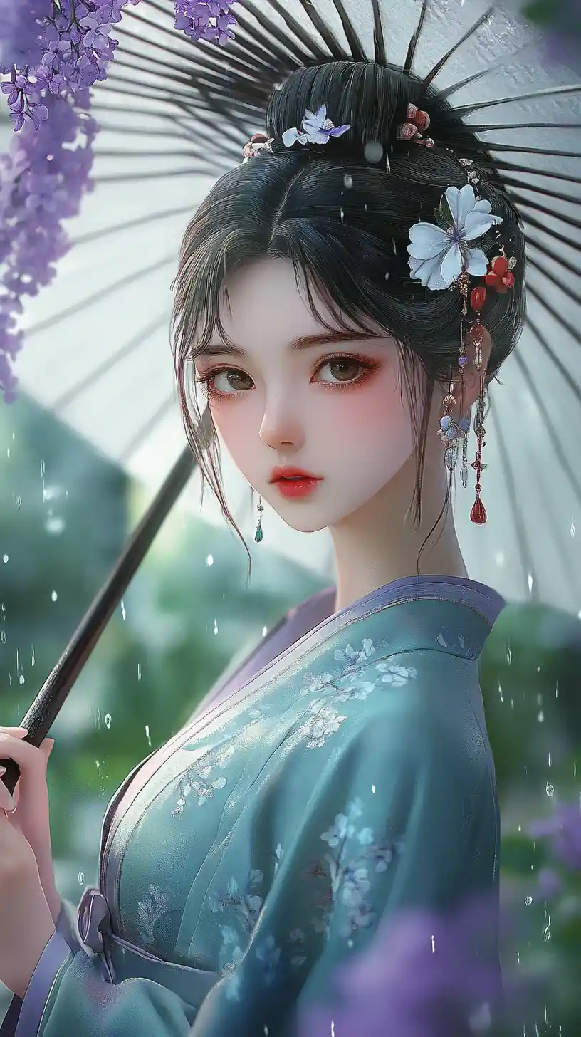 Anime girl in hanfu with parasol in lilac garden