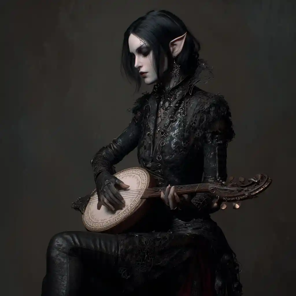 Dark elf bard woman in gothic leather and lace attire