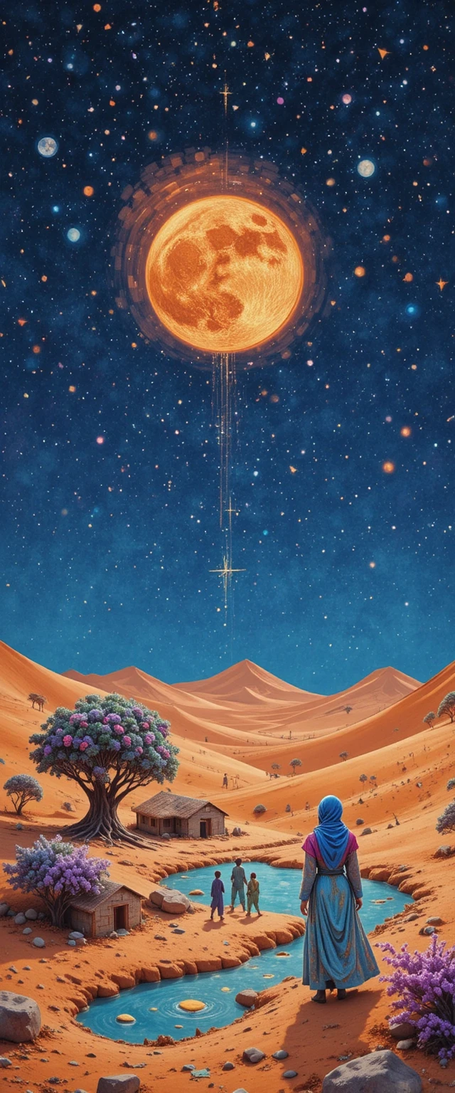 3D felt desert oasis with camels under a starry sky