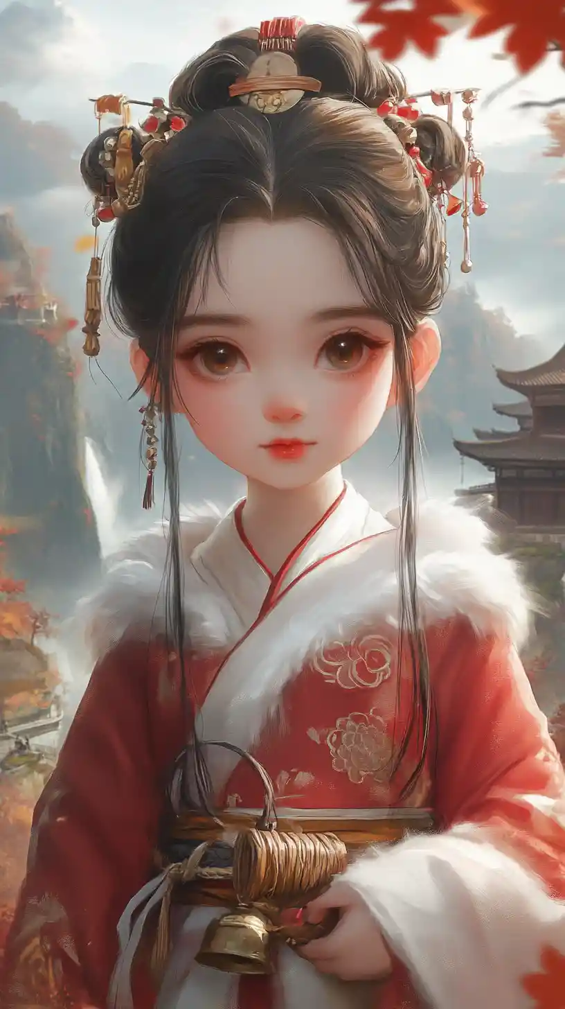 Hanfu girl in red with mountain temples and waterfalls