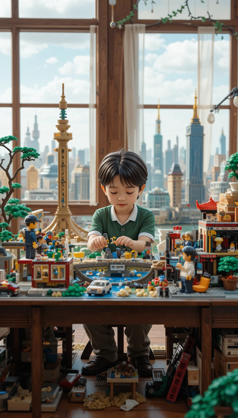 Woman building lego style miniature diorama of Shanghai