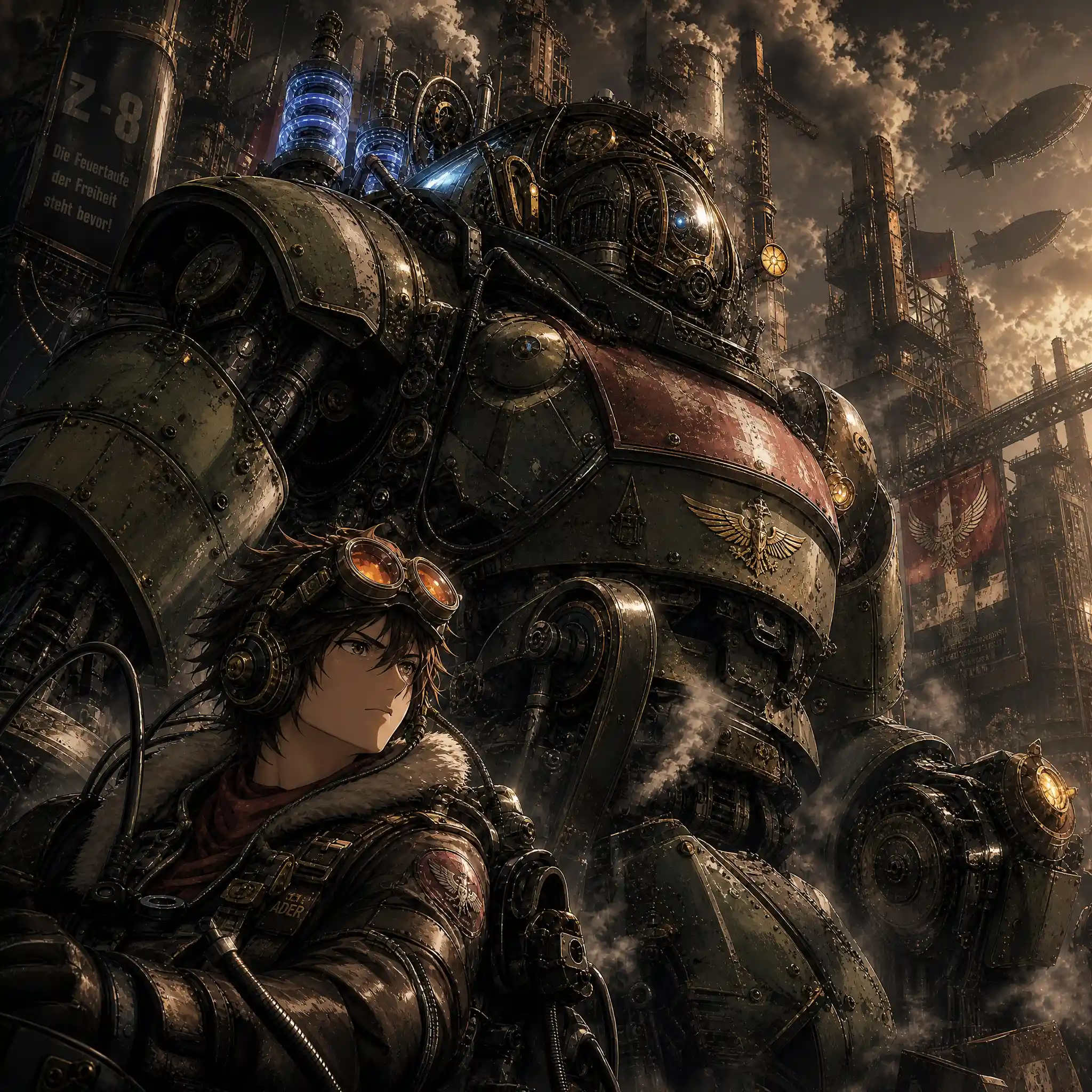 Gritty steampunk mecha towering over a ruined industrial city