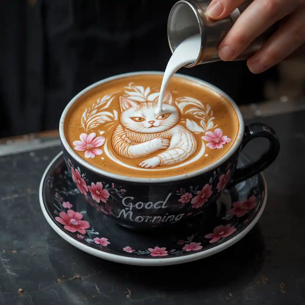 Cheerful latte art with cat and flowers in a cup