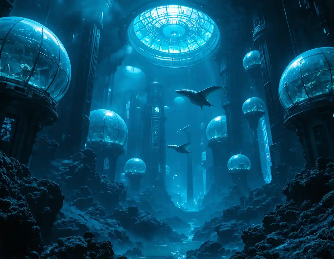 Gigantic futuristic underwater city beneath the abyssal ocean