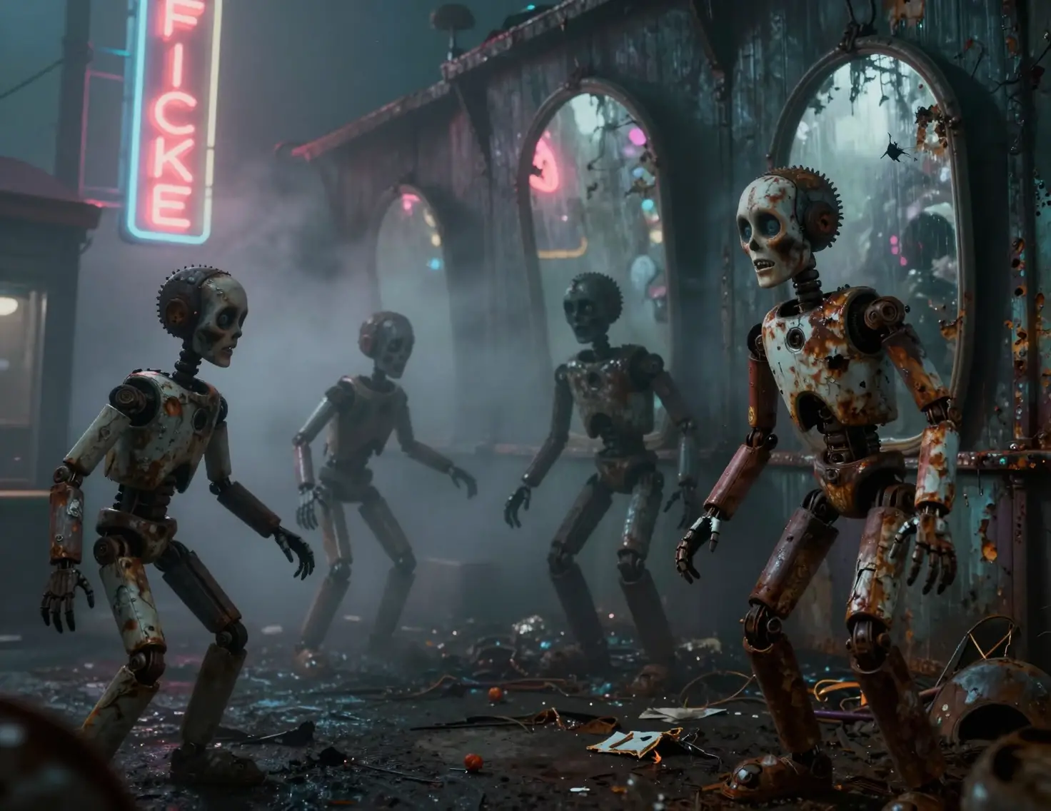 Decaying carnival emerging from thick midnight fog in neon glow