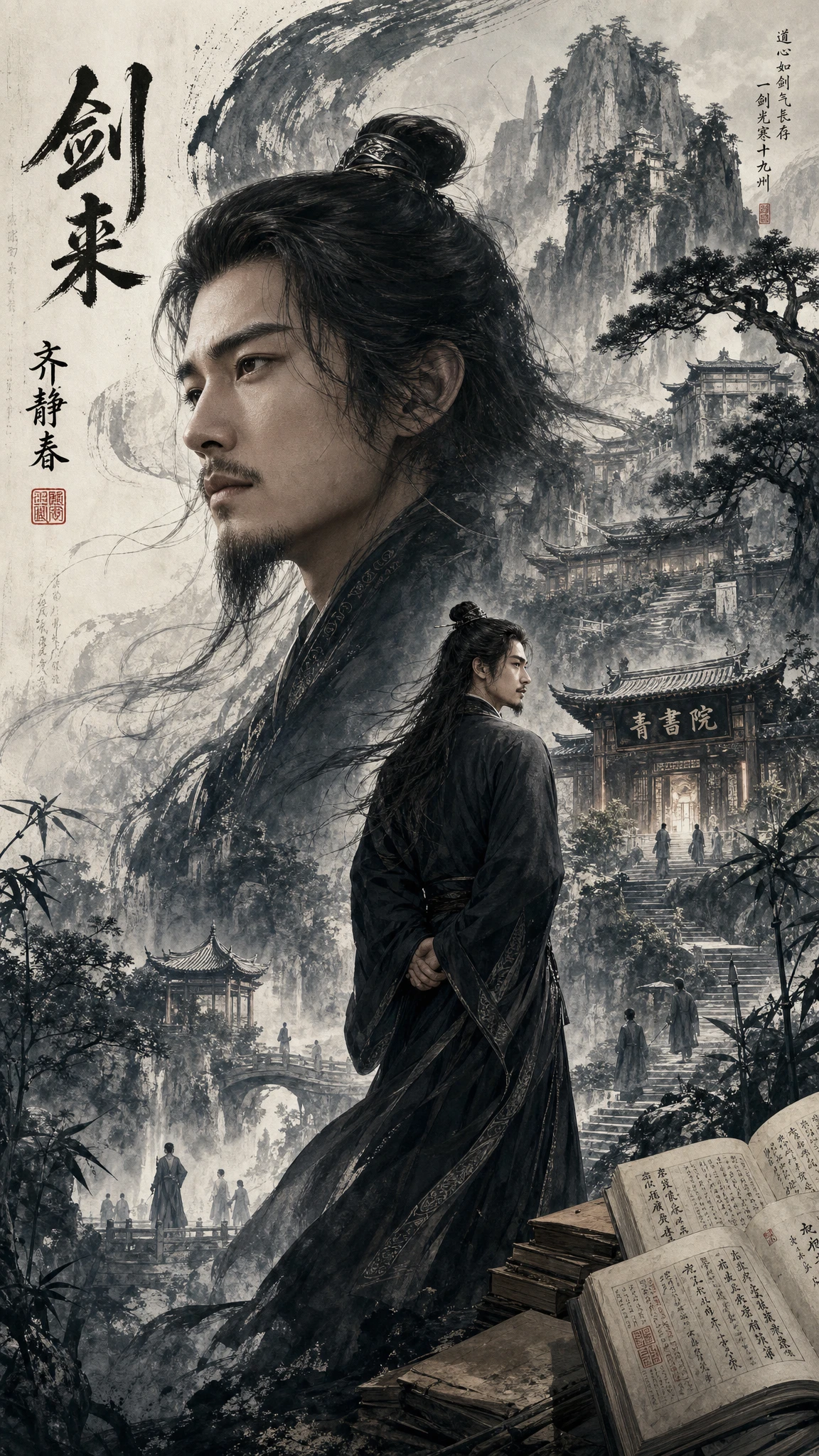 Pensive Chinese scholar in flowing black robe and misty peaks