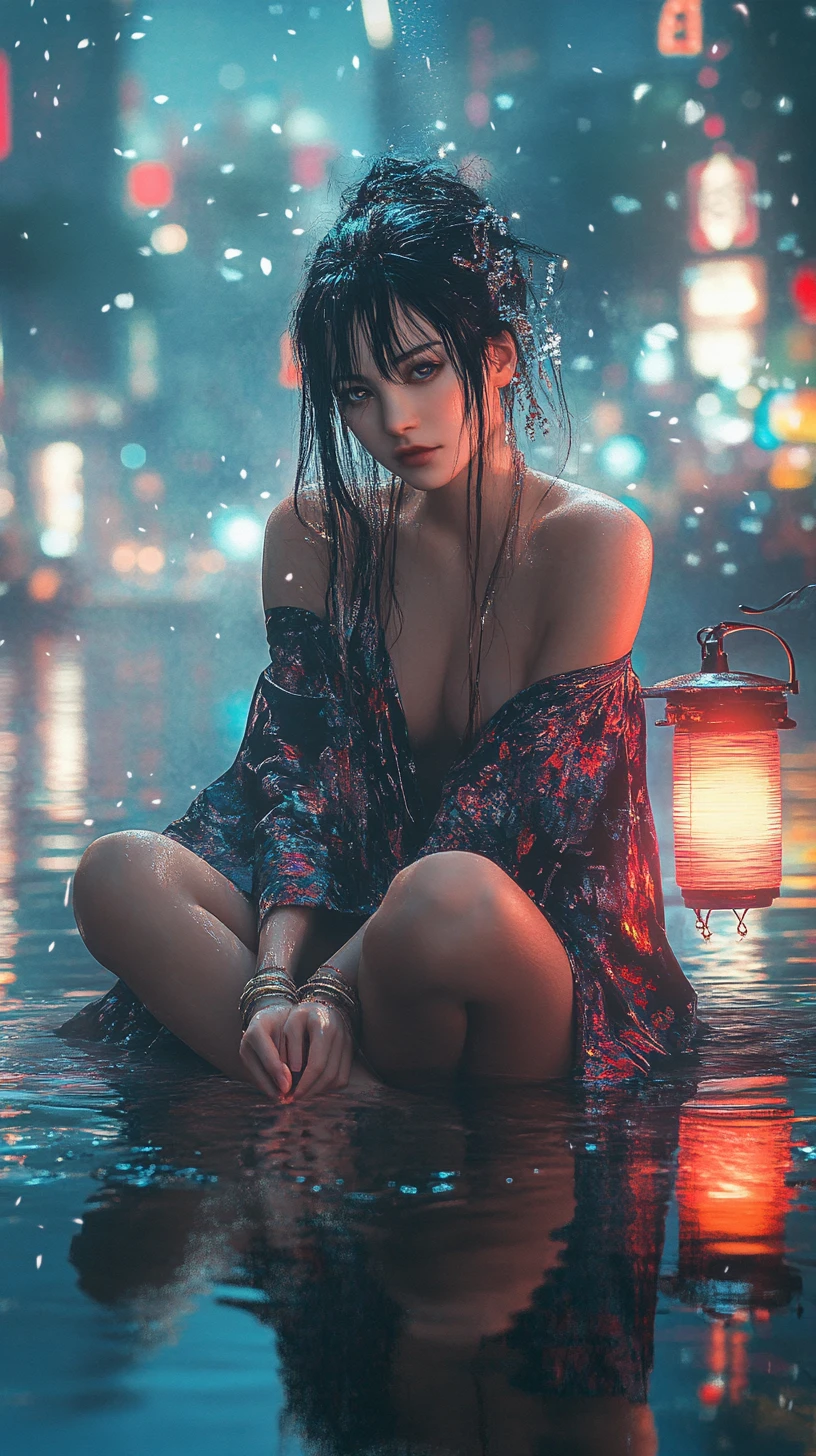 黃昏霓虹賽博龐克海濱冥想的女子