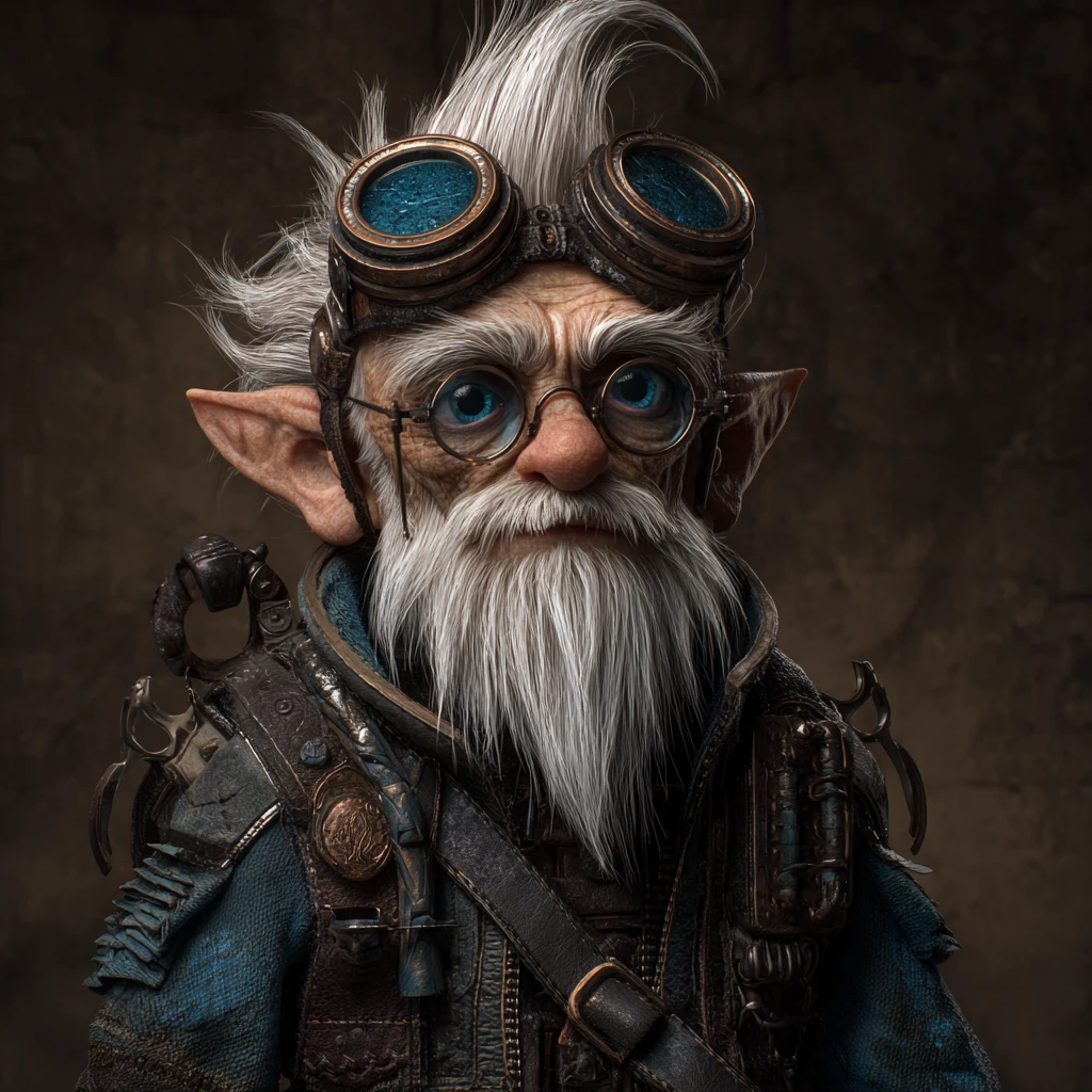 Silver haired gnome artificer with goggles and leather gear
