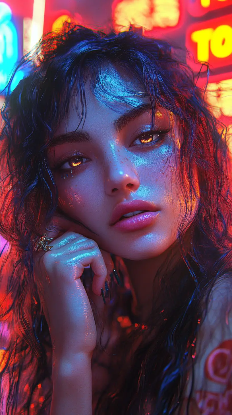Neon haired girl portrait in cyberpunk city night