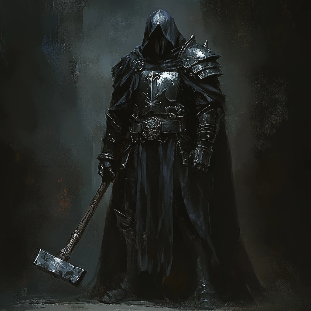 Dark fantasy zealot warrior in black and silver vestments