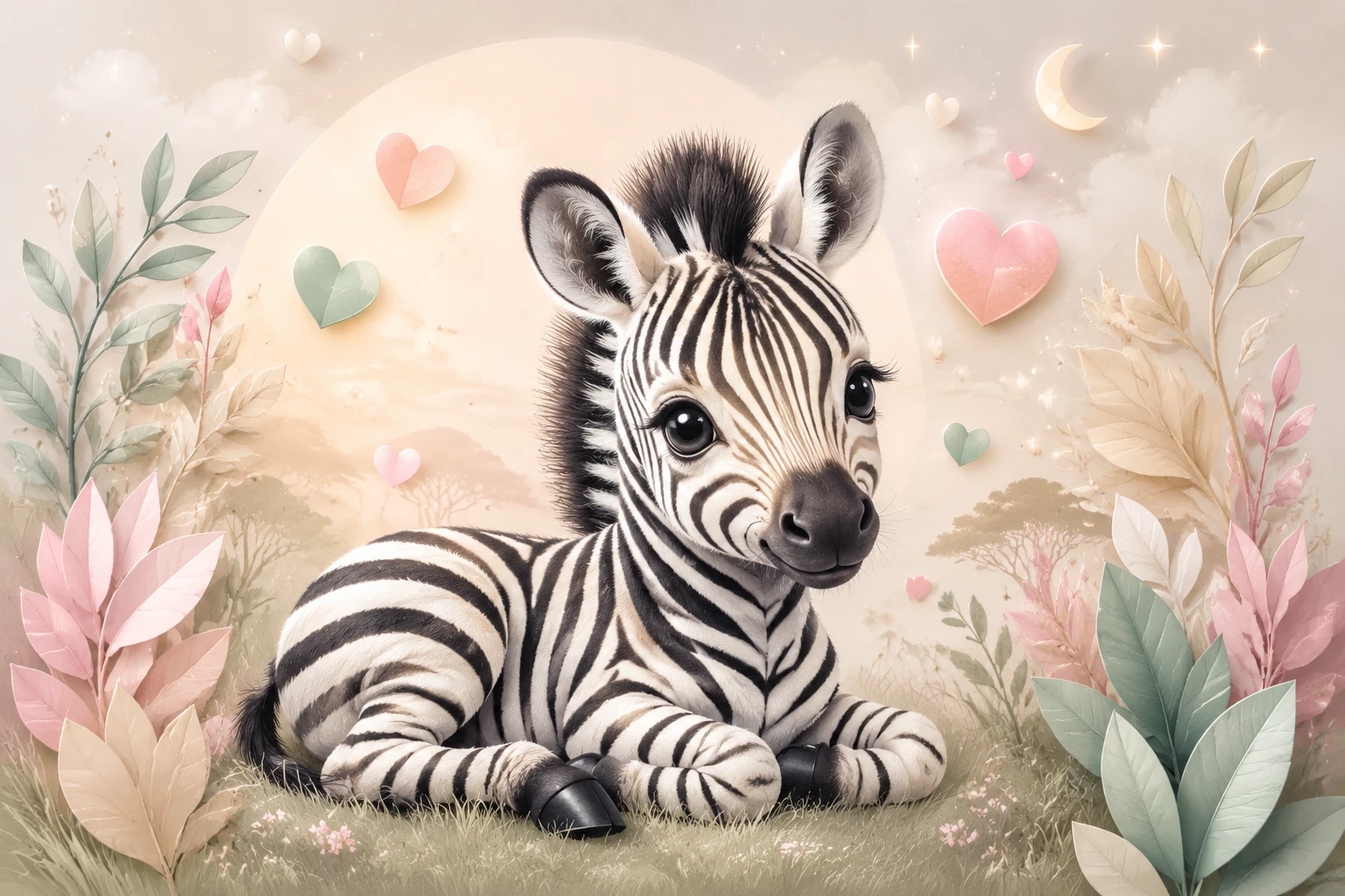 Cute baby zebra resting on grass in soft pastel illustration