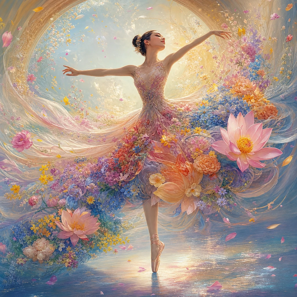 Ballerina With Flower Garden Tutu In Dreamlike Motion