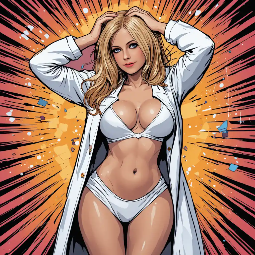 Curvy woman in white lingerie and lab coat comic pose