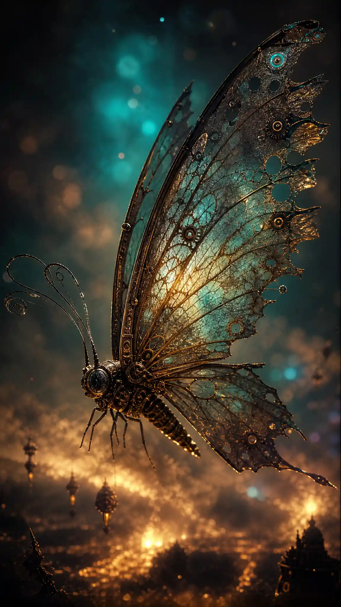 Tattered translucent butterfly rising in a surreal sky